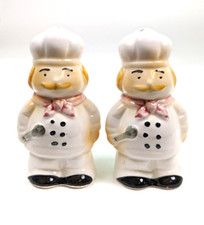 Vintage Ceramic Chef Cook Salt  Pepper Shaker Set w/ Stoppers - 3.75"
