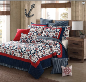 Farmhouse-Country-Nautical-QUEEN-Printed-Quilt-Set-Beach-Lake-Ocean-Captain