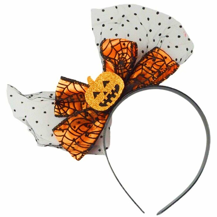 Pumpkin Spiderweb Halloween Headband Ladies Girls Kids Alice Band Orange Bow