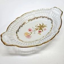 VINTAGE Schwarzenhammer Bavaria Porcelain Floral Lattice Edge Trinket Basket