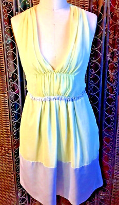 Y2K BCBG DRESS Green Silver Chiffon BOHO GODDESS PLUNGE NECKLINE CUT OUT BACK 0