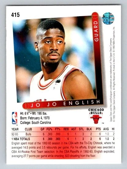 1993-94 Upper Deck Jo Jo English #415 Rookie RC Chicago Bulls - Image 2 of 2