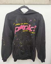 Black Pullover Hoodie Spider Web Stars Graphic Cotton Fleece Pockets Size M