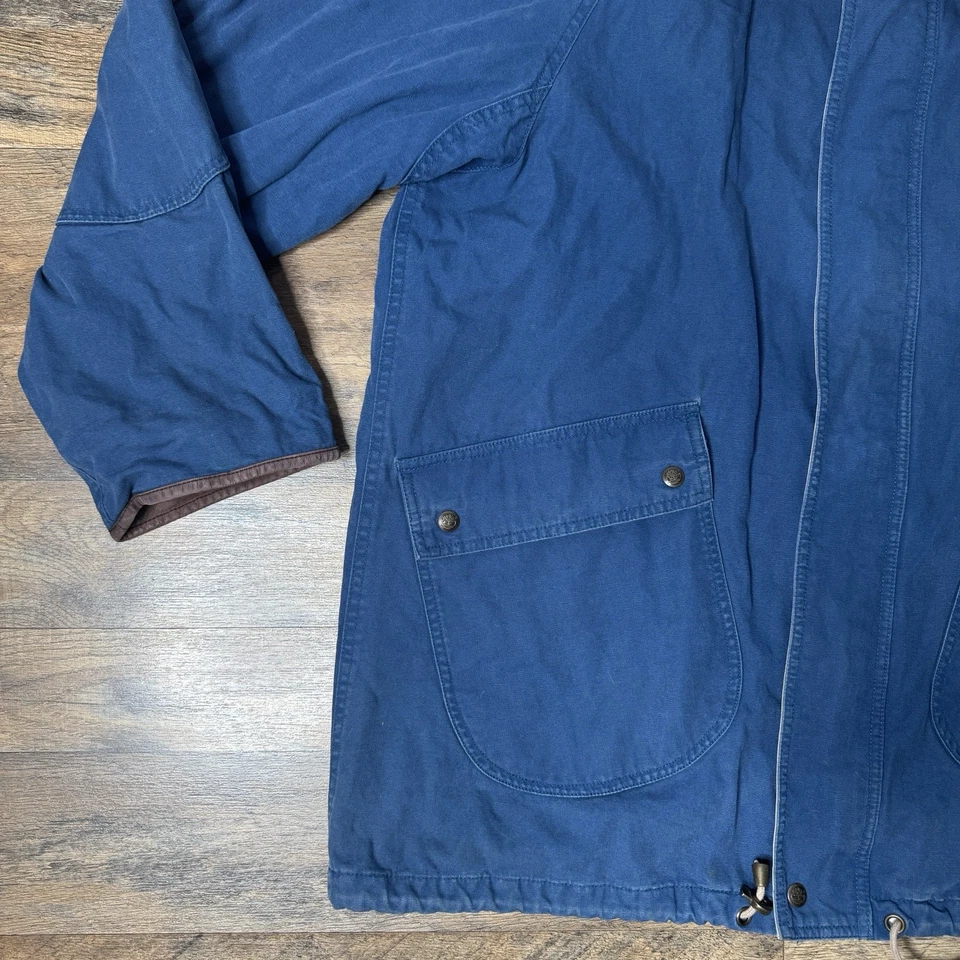Vtg TIMBERLAND Weathergear Navy Blue Barn Chore Coat Leather Trim Canvas Sz XL - Image 3 of 4