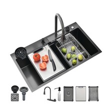 Black Kitchen Sink, 30 Inch Nano Stainless Steel Waterfall, Countertop Workst...
