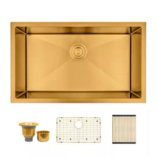 30 In. Undermount Single Bowl 16 Gauge Gold Stainless Steel Kitchen Sink with Ac