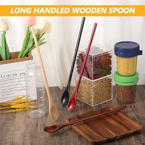 4 Stück Holzlöffel mit langem Griff, Kaffee-Rührlöffel aus Holz, Woodens Teelöffel - Bild 3 von 7
