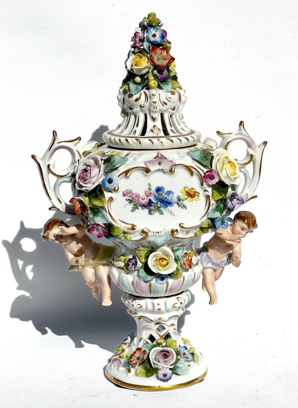 Antique Sitzendorf, Germany Lidded Potpourri Urn, 11 1/2" Tall