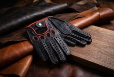 Men's Peccary Driving Gloves Black with Orange Hand-Sewn Stitching  Piping