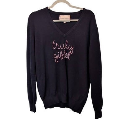 Lingua Franca Sz L 100% Cashmere Embroidered Truly Gifted Navy Sweater V Neck