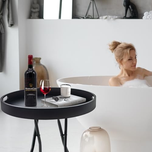 Grande Vassoio Rotondo Nero, 20" Extra Large Vassoio Ottomano Nero, Servizio Legno - Foto 7 di 7