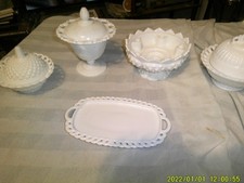 COLLECTION OF 3 CINTAGE LIDDED MILK GLASS COMPOTES TRAY OTHER GRAPE HOBNAIL