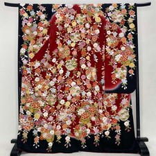 Japanese Kimono Furisode red Black floral Free shipping Vintage 5074