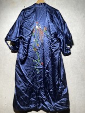 Chinese Oriental Embroidered Robe Kimono Peacock Satin Silk Blue Floral Lounge