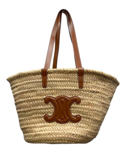 CELINE Classic Panier Medium Raffia Calfskin Tote Bag Beige Shoulder Strap