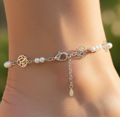 Elegant 925 Silver Plated Floral Pearl Anklet Silver Tone Rose Charm Dainty