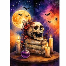 Skull on Books Diamond Art Kits for Adults, Halloween Diamond Painting 5D Full
