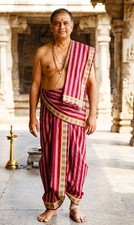 South Indian Burgundy Stripped Dhoti Angavastram Cotton Set with Thread Work