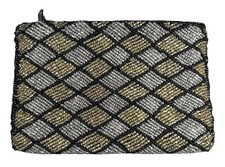 Vtg Beaded Neiman Marcus Mini Clutch Diamond Print Zipper Purse Gold Silver