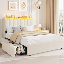 LED Full Size Bed Frame with Storage Headboard, Kids Bed Frame with 2 Drawers, B