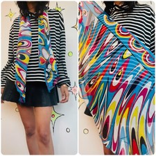 Vintage Rainbow Psychedelic Op Art Sheer Scarf 60s 70s Style Groovy Mod Festival