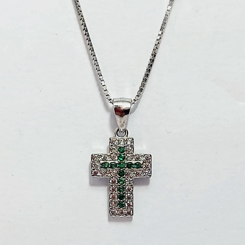 Collana Catena Veneziana Crocetta Argento925 Ciondolo Pendente Zirconi Brillanti - Immagine 4 di 4