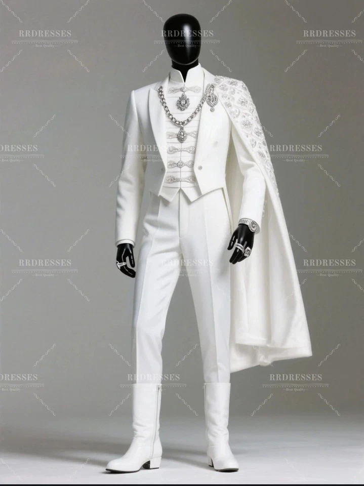 豪华男式白色西装带水钻角舞会派对夹克晚装 2 件 — 第 2/4 张图片