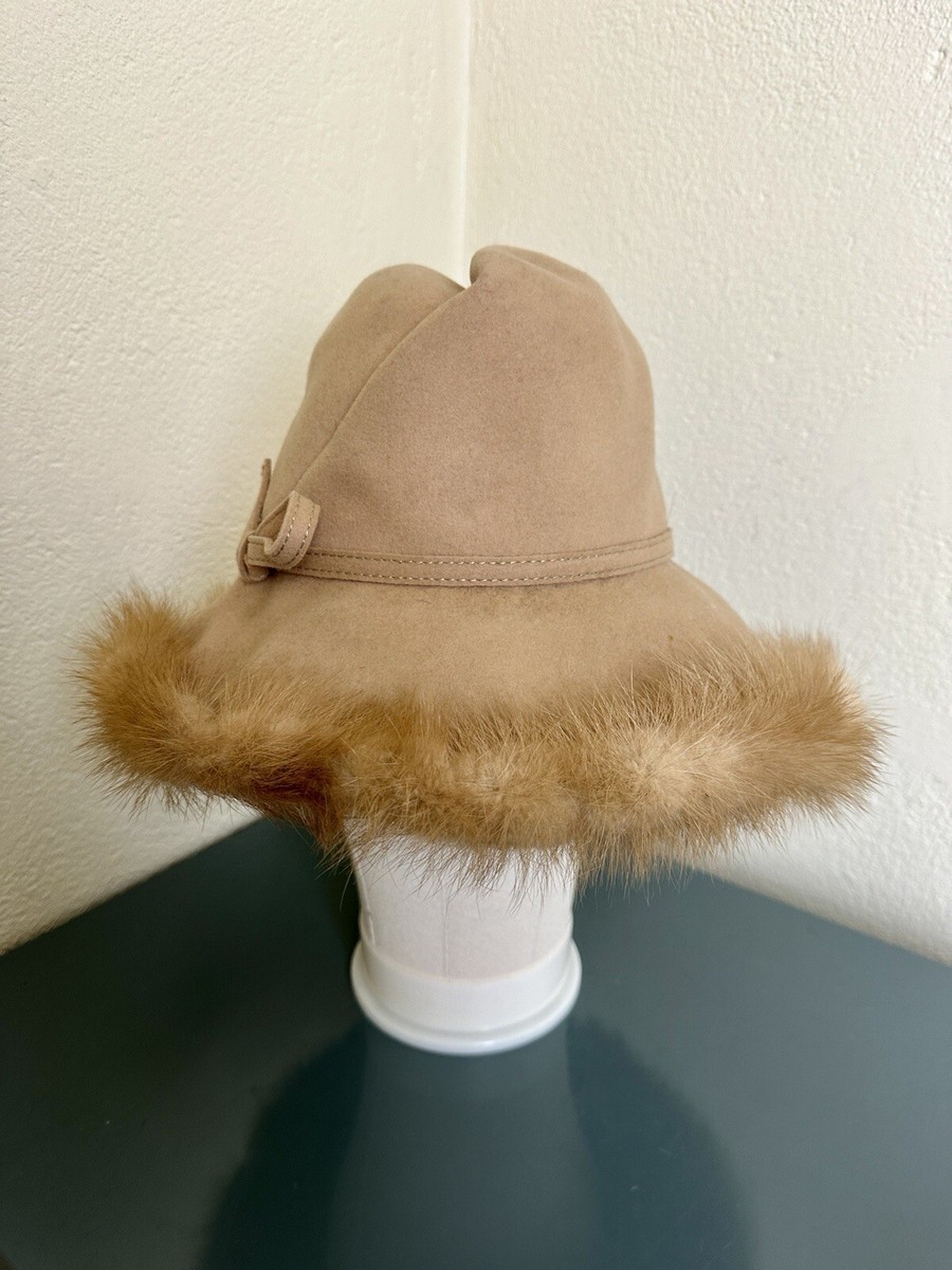 MR JOHN JR. VTG 1960s Womens Camel Fedora Wool Mink Fur Trim 