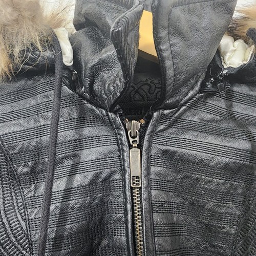Desert Well Leather Jacket Black Embroidery Fur Hooded Quilted Satin Lining S - Picture 7 of 24