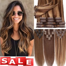 16"-24" Clip in Hair Extensions 100 Real Remy Human Hair Weft Highlight 8Pieces