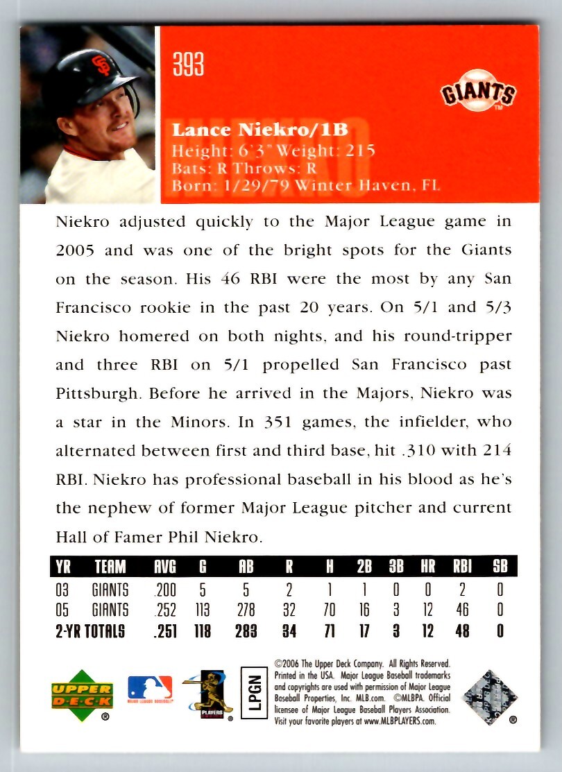 2006 UPPER DECK LANCE NIEKRO SAN FRANCISCO GIANTS #393 | eBay