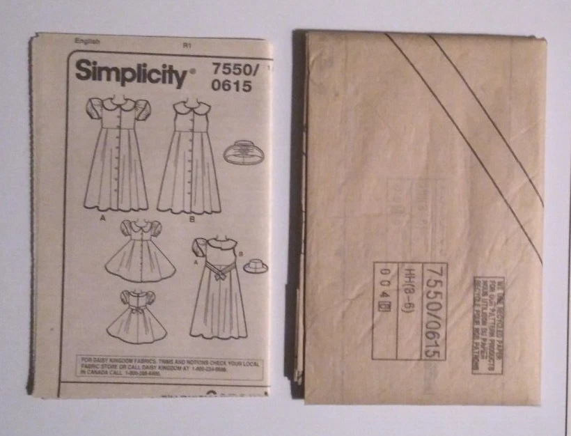 SIMPLICITY #7550 GIRL'S SIZES 3-4-5-6 DRESS HAT & DRESS for 17" DOLL PATTERN UC - Image 3 of 3