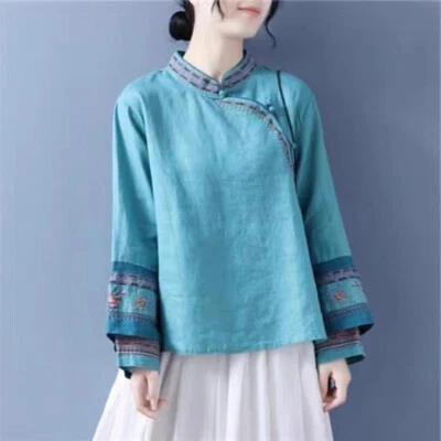 Ethnique Brodé Femme Hauts Chemises Chemisier Chinois Bouton Grenouille Coton - Photo 1/4