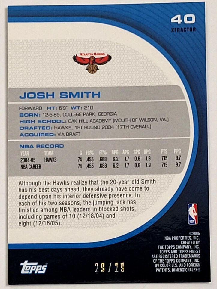 2005-06 TOPPS FINEST - JOSH SMITH - GOLD X-FRACTOR #D 29/29 'OMEGA' - Image 2 of 2