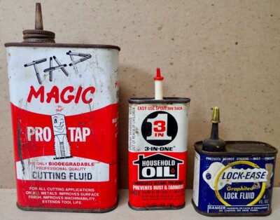 Lot (3) Vintage ADVERTISING TIN CANS Magic Pro Tap, Standard Oil Lock Ease Empty