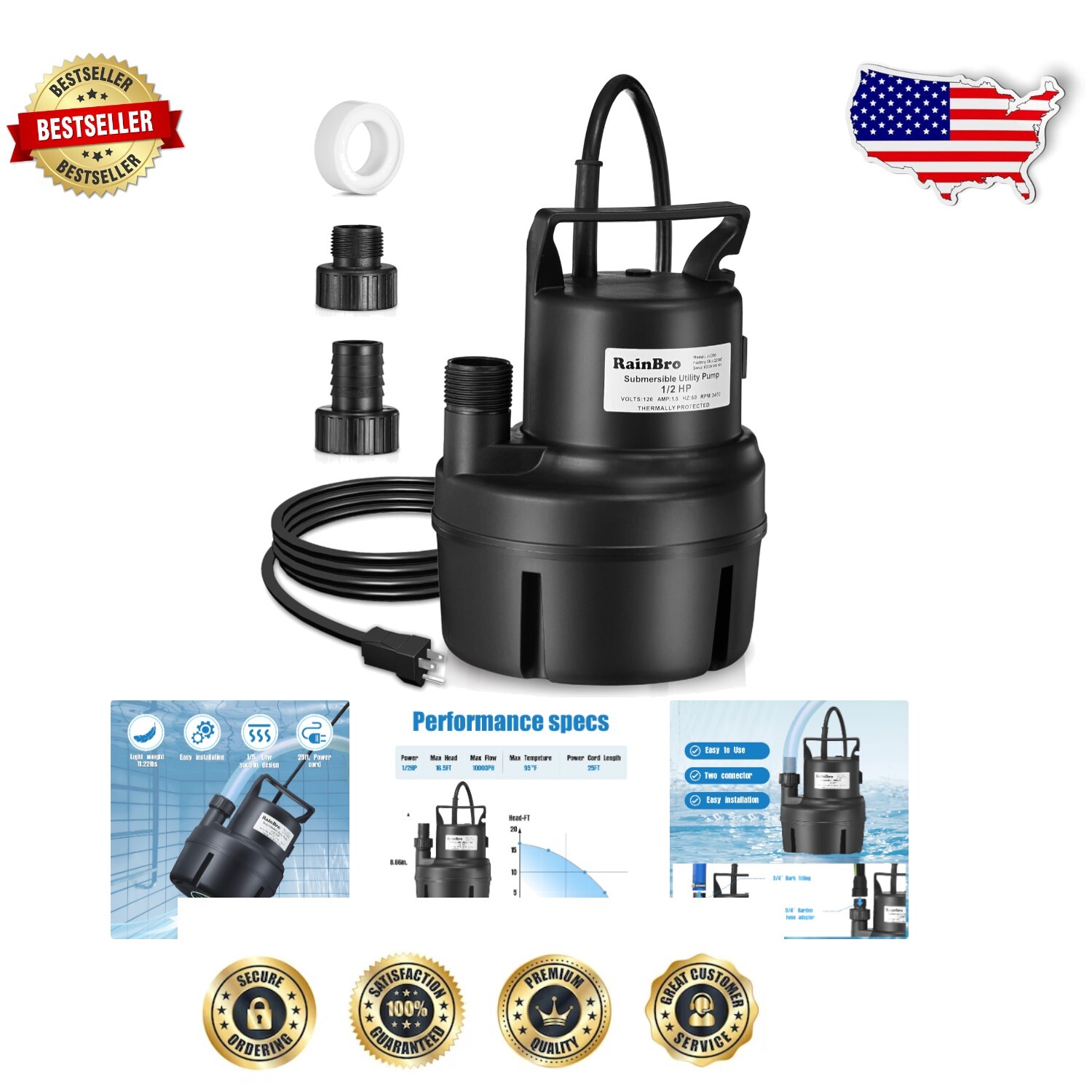 Corrosion-Resistant Submersible Pump - Efficient 1/2HP Motor for All Tasks