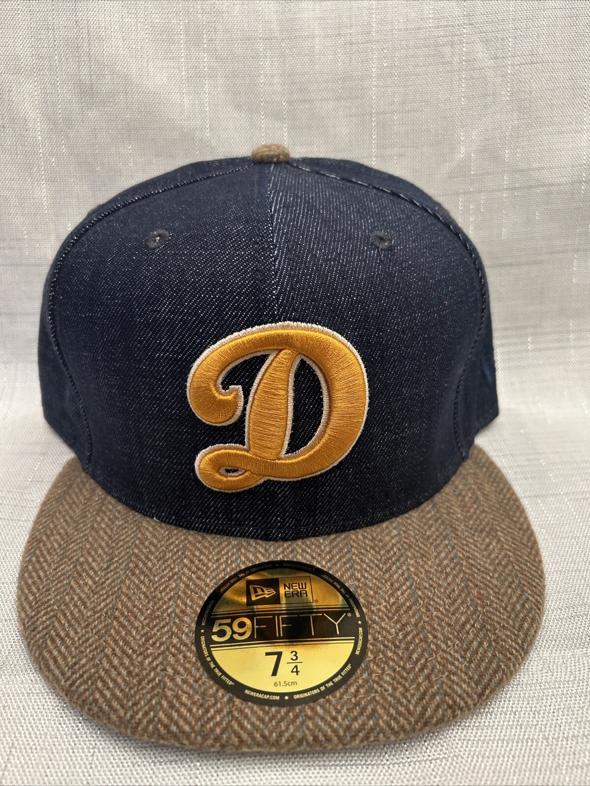 New Era LA Dodgers Blue Denim Brown Tweed 59FIFTY Fitted Hat Size 7 3/4 NEW