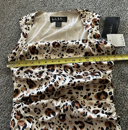 Abito NICOLE MILLER 6 S avorio marrone leopardato seta ombreggiato increspato nuovo con etichette R $355 - Foto 13 di 15