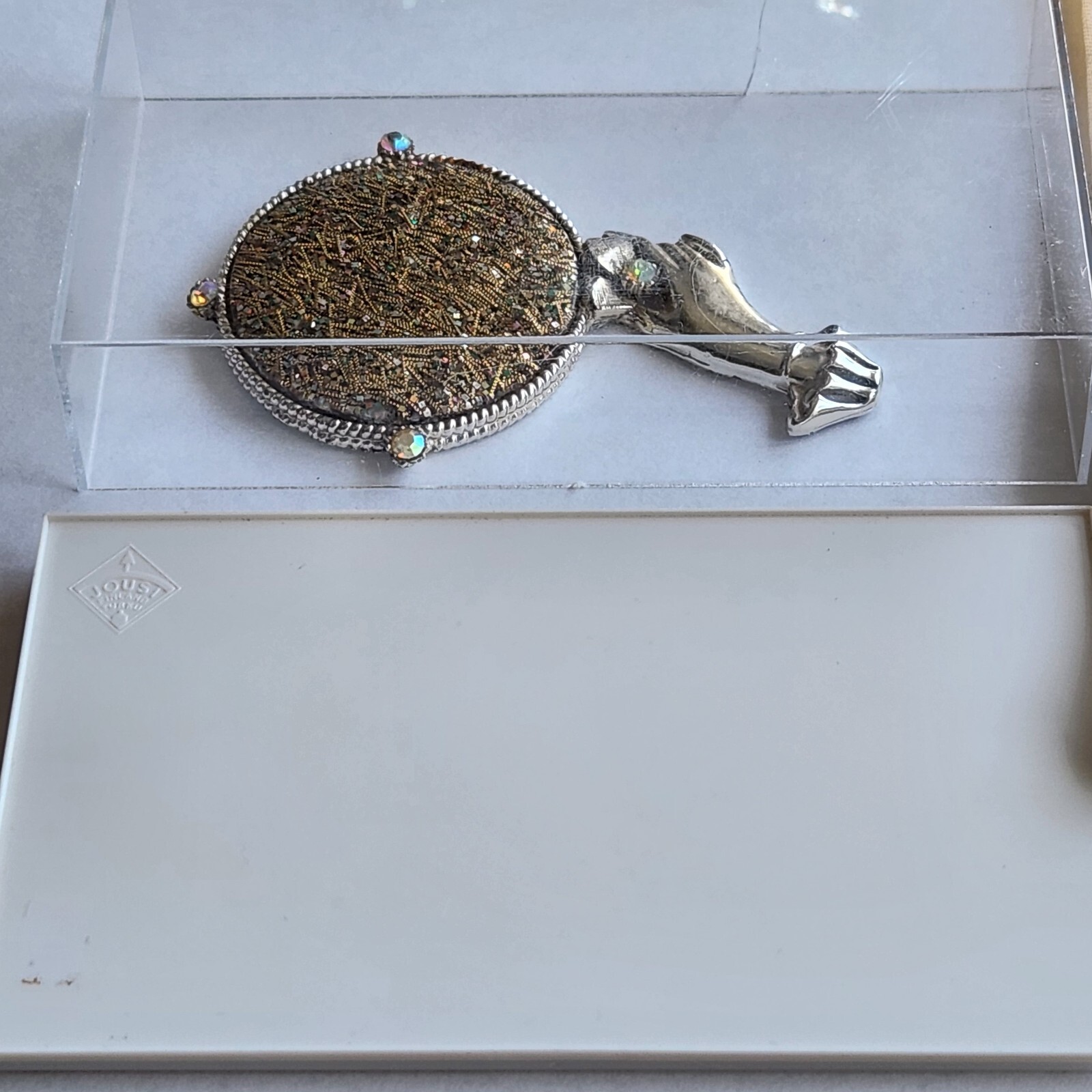 Vintage  Miniature Silver Glitter Rhinestones Hand Mirror 4”