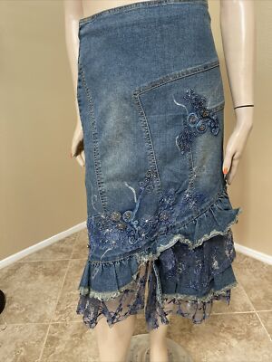 Women s Blue Silver Denim Cotton Zip Beaded Embroidered Size M(6-8) Skirt 9016