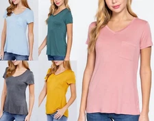 Womens V-NECK Front Pocket Short Sleeve Rayon Top Soft Lightweight Basic T Shirt