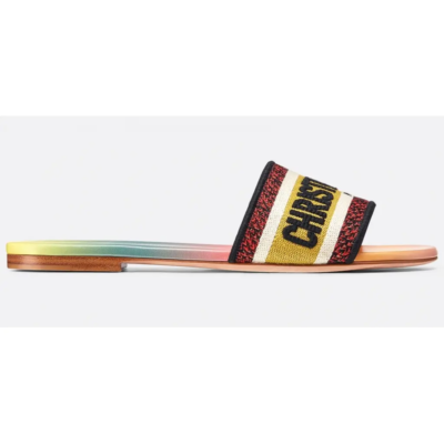 Christian Dior Dway Rainbow Multicolor Embroidered Logo Slide Flat