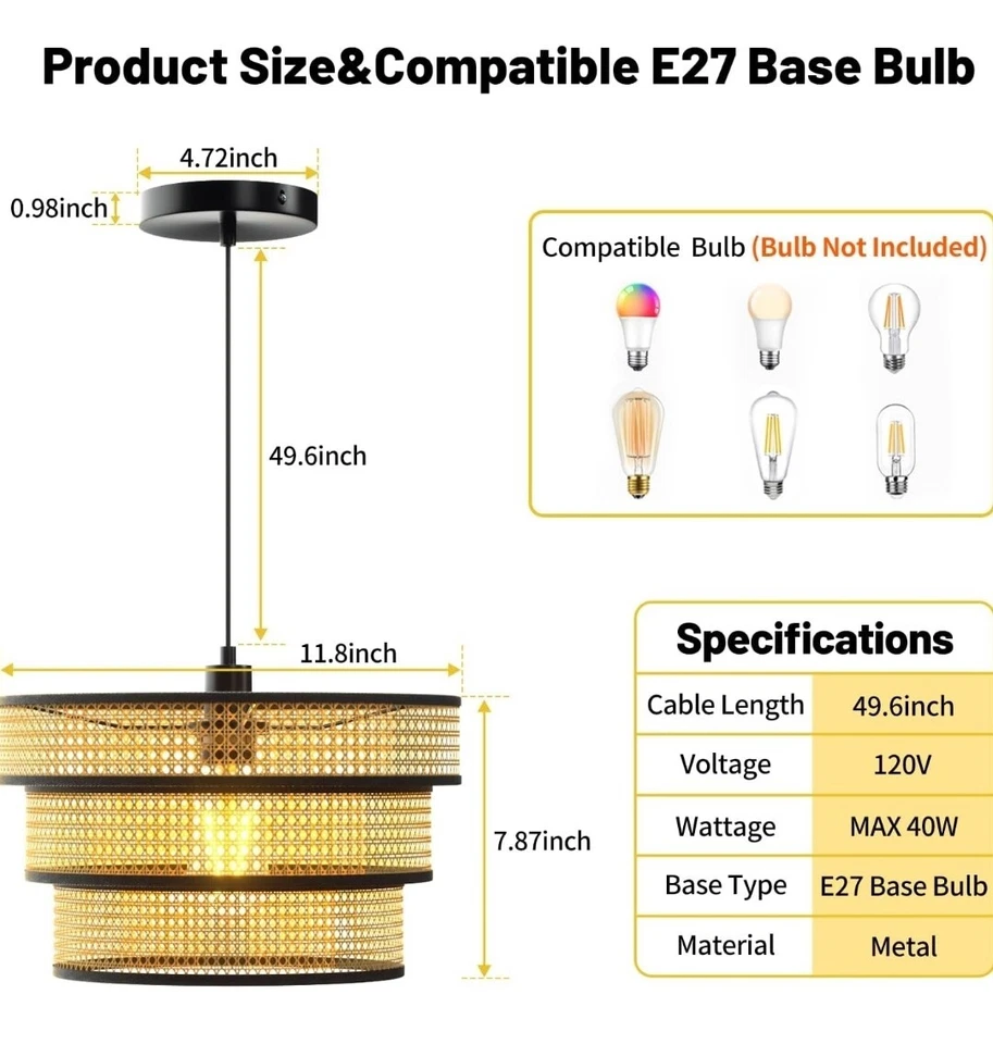 Boho Pendant Light, Rattan Light Fixture Woven Basket Shade Wicker Pendant Light - Image 2 of 4