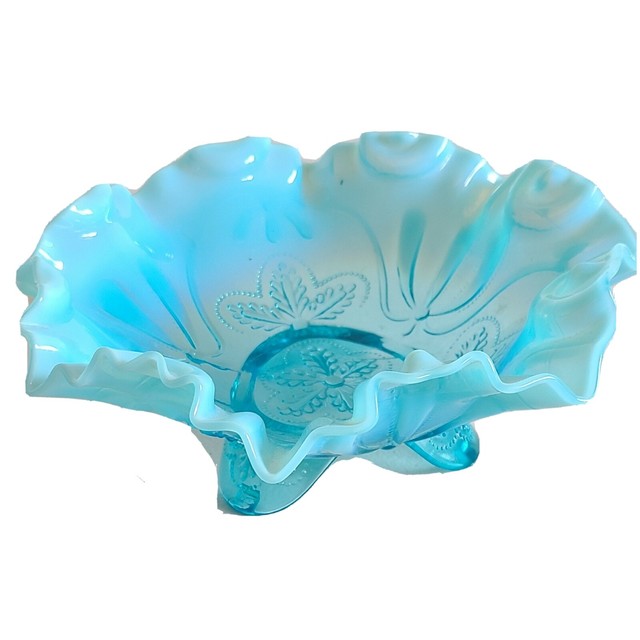 Vintage Fenton Blue Opalescent Bowl Ruffle Edge Candy Dish Collectible