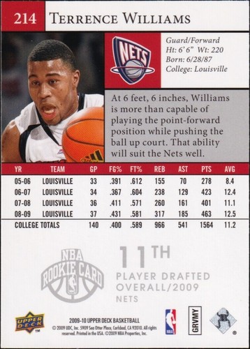 2009-10 Upper Deck #214 - Terrence Williams Rookie - Picture 2 of 2