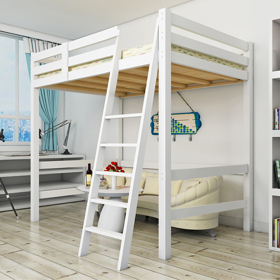 White Loft Bunkbed Single Solid Pine Wooden High Sleeper Bunk Bed Frame & Stair