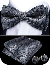 Paisley Striped Bow Tie for Men Silk Pre-Tied Bowtie Pocket Square Cufflinks Set