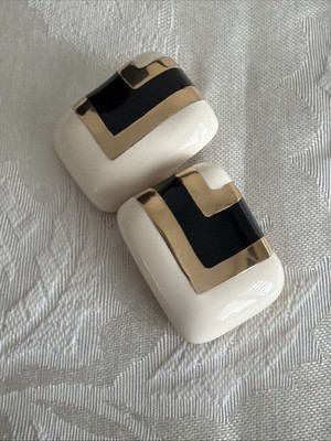Gorgeous rare Vintage Goldtone Black creme signed Ciner Clip Earrings 80s  *422