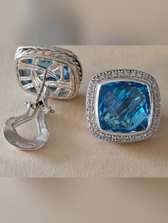 DAVID YURMAN STERLING ALBION LARGE 14mm BLUE TOPAZ DIAMOND Omega Huggie EARRINGS