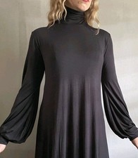 Whimsical Black Flowy Mini Dress Long Puff Sleeves L Ruched Mock Keyhole Buttons